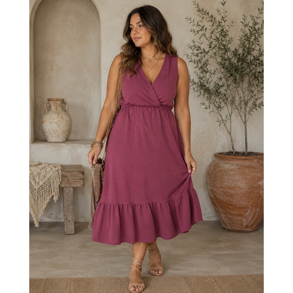 Lucky Brand Wine Plum Surplice V-Neck Tiered Ruffle Midi Dress L